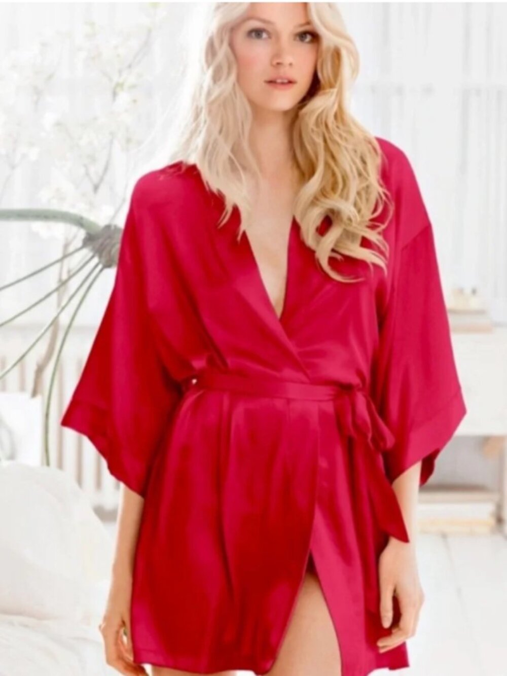 Victorias Secret Cherry Red Satin Kimono Mini Wrap Robe One Size Vintage